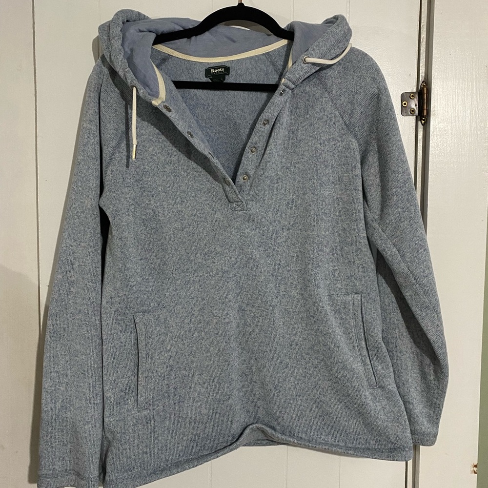 Roots Light Blue Hooded V Neck Sweater with snap closure & pockets